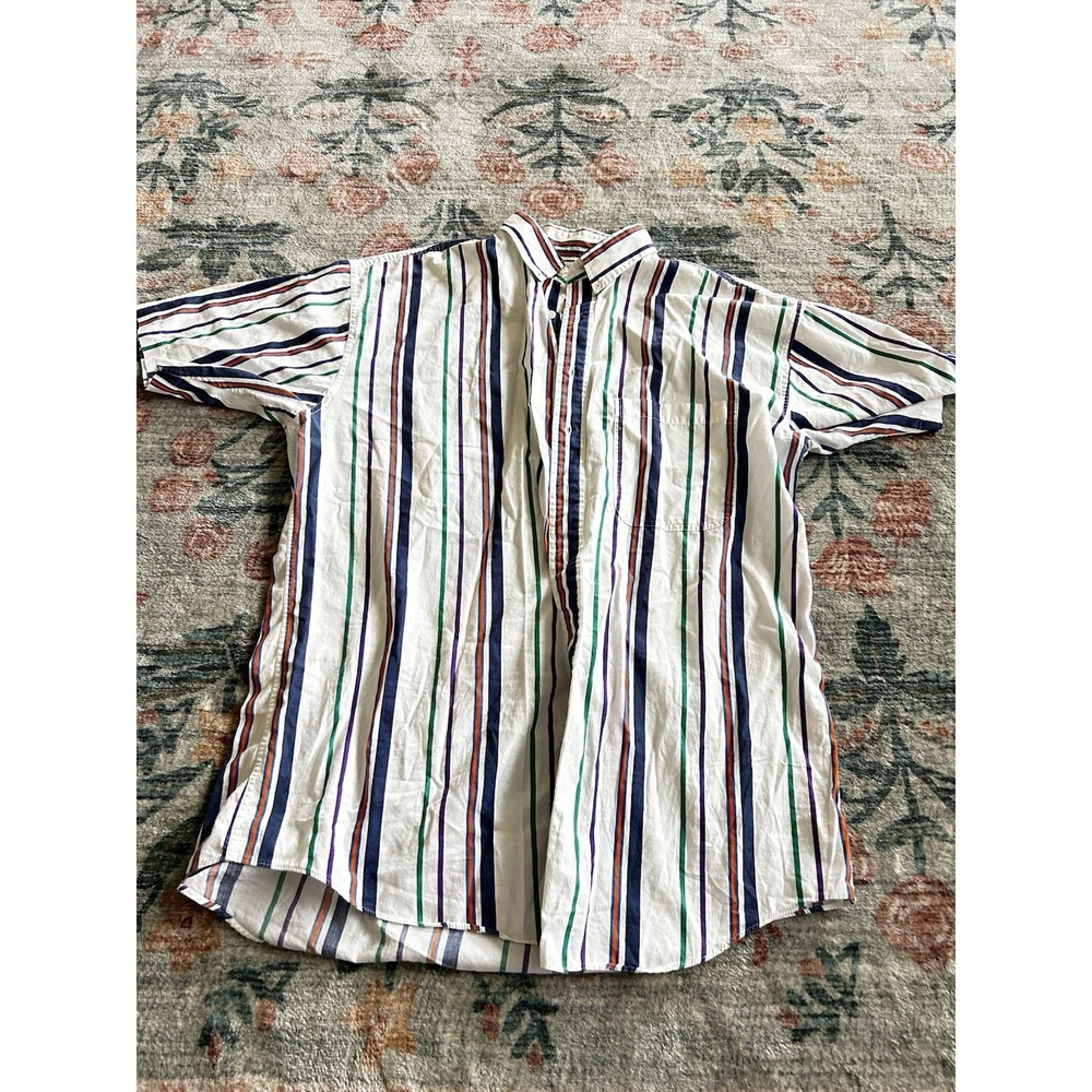 Vintage 90s Striped Button Up Shirt Primary Color Men's Large Tall Cotton Collar
